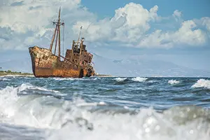 Deserted Harbor Drucke: Old rustic big ship. Blue sky