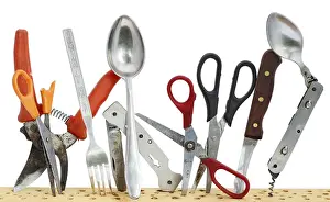 Plain White Background Image Drucke: Old rusty tools- knifes, spoons