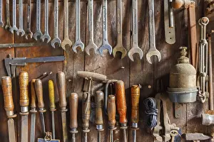 Deserted Workshop Scene Drucke: Old tool panel with various tools