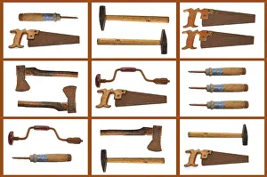 Empty Studio Background Photo Drucke: Old tools, collage