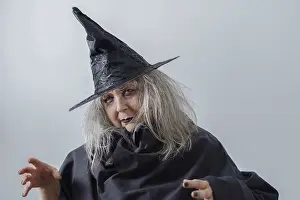 Halloween Witch Image Drucke: Old white-haired white-haired witch dressed in black with hat on light background