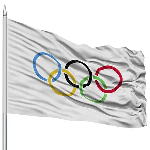 White Background Flagpole Drucke: Olympic Flag on Flagpole, Flying in the Wind
