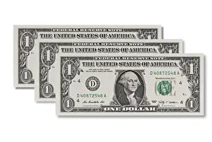 Studio Shot Currency Drucke: Three one-dollar-bills