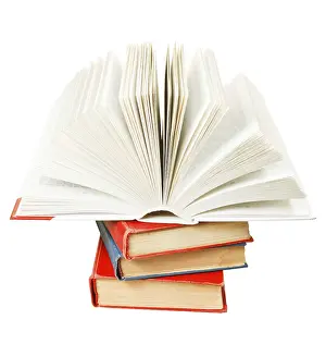 White Studio Background Image Drucke: Open book on top of stack of books isolated on white background