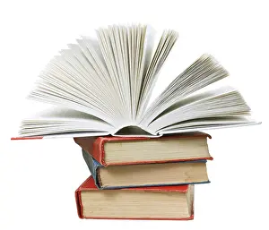 Stack Of Books Isolated Drucke: Open book on top of stack of books isolated on white background