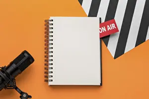 Top View Notebook Drucke: Open copy space notebook mic top view