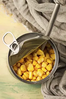 Selective Focus On Corn Drucke: Open tin can, with corn, top view