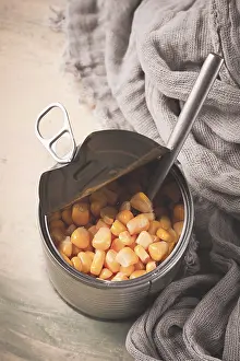 Canned Food Photography Drucke: Open tin can, with corn, top view
