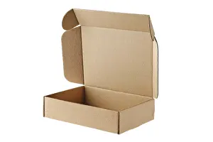 White Background Packaging Drucke: Opened flat cardboard box isolated on white background
