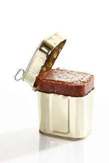 Deserted Grocery Store Food Drucke: Opened tin of corned beef with opener