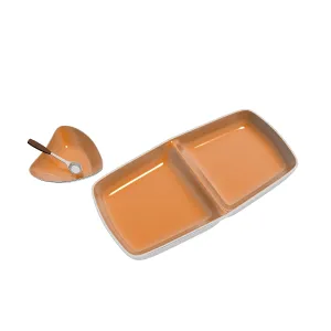 Symbolic Heart Shape Image Drucke: Orange ceramic serving dishes - heart shaped dish with serving spoon and divided rectangular dish