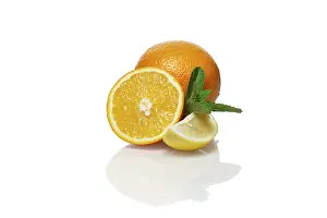 Gourmet Food Ingredients Drucke: Orange, lemon and mint isolated on white background with shadow and reflection