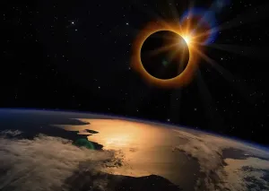 Gerahmter Druck : Sonnenfinsternis mit orangefarbenem Schein über der Erde Gerahmter Druck : Sonnenfinsternis mit orangefarbenem Schein über der Erde