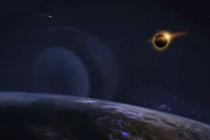 NASA Image Drucke: Solar eclipse with orange halo over the planet Earth