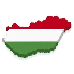 Drucke von Die Flagge Ungarns im 3D-Relief, umgeben von einem konturierten Landeswappen Luftaufnahme Drucke: 3D-Umriss und Flagge Ungarns