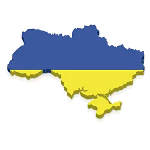Drucke von Die Flagge der Ukraine in 3D, umgeben von einem Relief des Landes Luftaufnahme Drucke: Ukrainische Flagge in 3D.