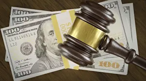 Courtroom Scene Drucke: Overhead of gavel resting on a table and stack of thousands of dollars