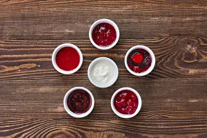 Colorful Fruit Assortment Drucke: Overhead view of assortment of fruit puree