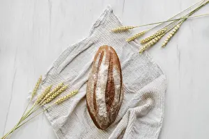 Organic Bread Drucke: Overhead view of rue bread on light background