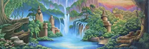 Tropical Jungle Landscape Drucke: Painted backdrop of river and jungle