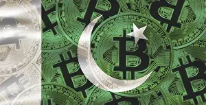 Digital Payment Transaction Drucke: Pakistani flag with Bitcoins in the background