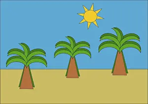 Empty Sandy Beach Drucke: Three palm trees on brown sand