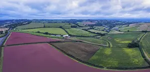Agricultural Landscape England Drucke: Panorama of Fields over Labrador Bay and River Teign from a drone