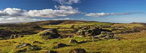Haytor Rocks Panorama Drucke: Panorama of fields and meadows in Haytor Rocks