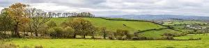 Top Down View Of Farmland Drucke: Panorama over Meadows and Fields over Devon in the colors of fall