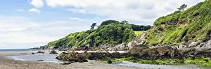 Steep Cliff Landscape England Drucke: Panorama of Rocks and Cliffs on Mothecombe Beach