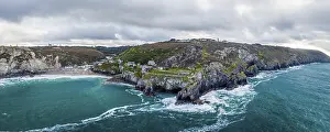 Panoramic View From Above Drucke: Panorama of St Agnes Beach and cliffs from a drone