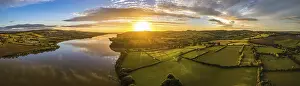 Drone View Devon England Drucke: Panorama of Sunrise over Fields and River Teign from a drone