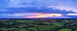 British Countryside Drone Shot Drucke: Panorama of Sunset over Fields from a drone