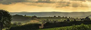 Uninhabited British Countryside Drucke: Panorama of Torquay Fields in the rays of the setting sun