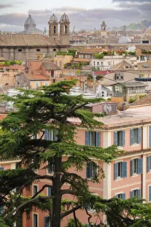 Aerial Photography Europe Drucke: Panoramic view to historic Rome rooftops with catholic basilics and monuments