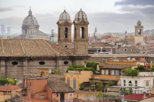 Colourful Church Architecture Drucke: Panoramic view to historic Rome rooftops with catholic basilics and monuments