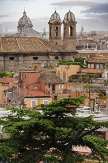 Aerial Photography Europe Drucke: Panoramic view to historic Rome rooftops with catholic basilics and monuments
