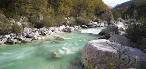 Drucke von Panoramablick auf das türkisfarbene Soča-Fluss, Sočatal in der Nähe von Bovec, Triglav-Nationalpark, Slowenien, Europa Fluss Drucke: Panoramablick auf den turkisen Soca-Fluss.