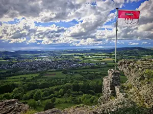 Cloudy Sky Landscape Photo Drucke: Panoramic view of a valley from a rock