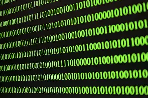 Dark Colored Background Image Drucke: Parallel green binary code lines on a black background