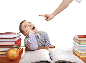 Young Boy Learning Drucke: Parent threatening Son for a Learning on the white background