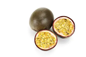 Healthy Eating With Fresh Fruits Drucke: Passion fruit, one cut in half