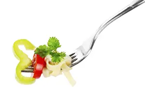 Spaghetti On Fork Drucke: Pasta on a fork over white background