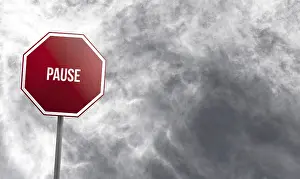 Cloudy Deserted Landscape Drucke: Pause, red sign with clouds in background