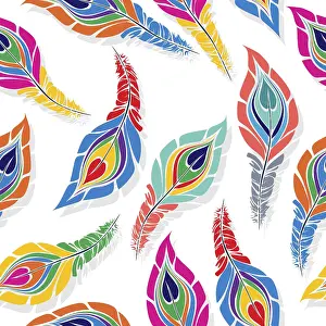 White Background Decor Drucke: Peacock seamless vector pattern in colors over white background