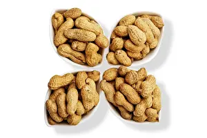 High Angle View Of Nuts Drucke: Peanuts in white dishes