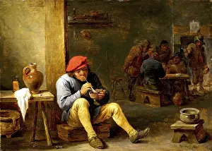 Flemish Genre Painter Drucke: Peasant in a tavern lighting his pipe