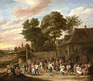 Authentic Historical Image Restoration Drucke: Peasants Dancing and Celebrating (ca)