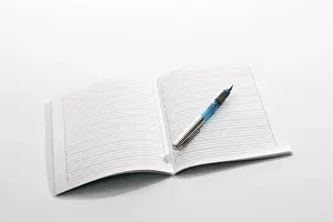 Stationary Office Supplies Drucke: Pen lying on the blank lined page of an open notebook