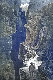 Historic Mountain Landscape Drucke: People on the Gemmi Alpine Pass c